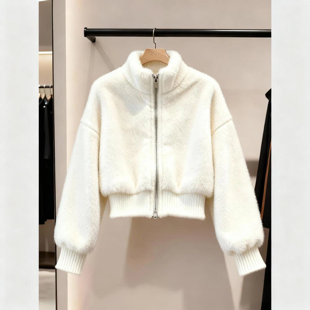 白色毛茸茸气质软糯上衣短外套冬季2025新款韩系简约百搭立领女装