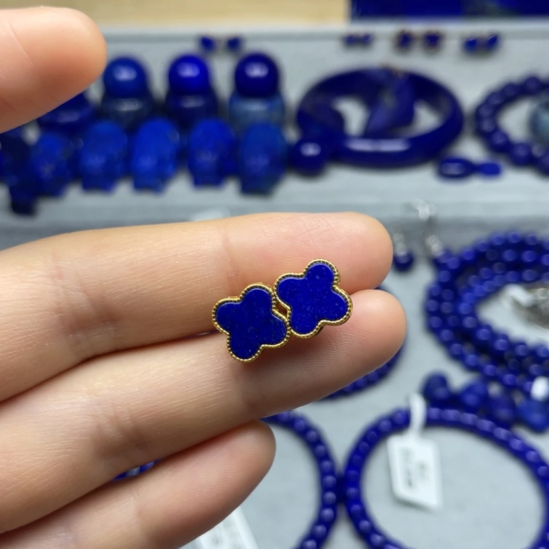 青金石银S925镶嵌四叶草耳钉
