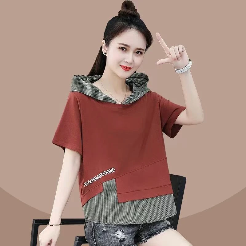 J029夏复古文艺休闲格子拼接假宽松两件连帽卫衣T恤女