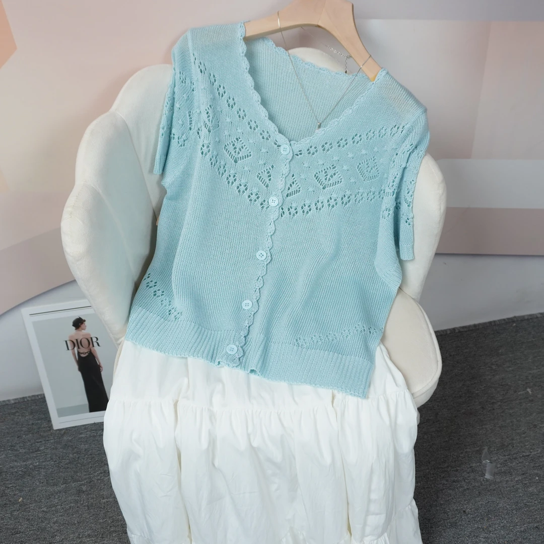 针织镂空短袖T恤女2025夏季新款气质开衫上衣