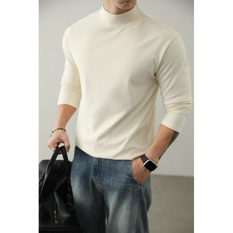 纯色半高领长袖T恤男春秋款韩版宽松舒适保暖内搭体恤叠穿打底衫