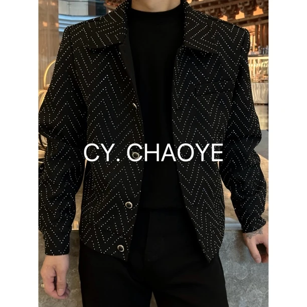 CY【CHAOYE】春秋新品翻领本布下摆烫钻设计休闲短款夹克外套