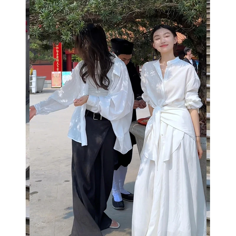 韩系小众穿搭白色洋气休闲衬衫两件套装炸街高级感半身裙三件套