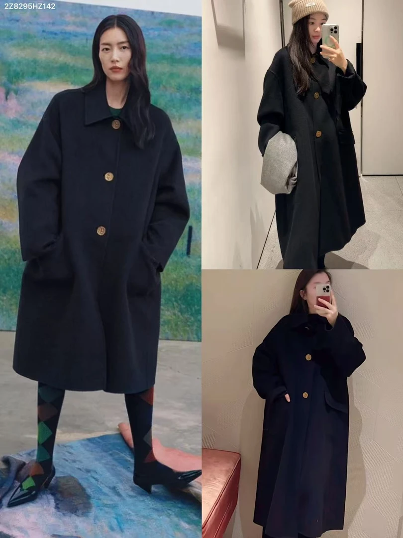 杰瑞【超模范】刘雯同款羊绒羊毛双面呢长大衣女高级翻领黑色外套