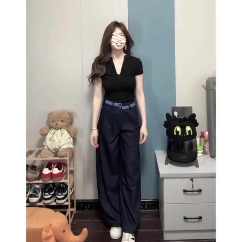 2025夏季新款女韩系穿搭V领设计感短袖上衣气质高腰显瘦直筒长裤