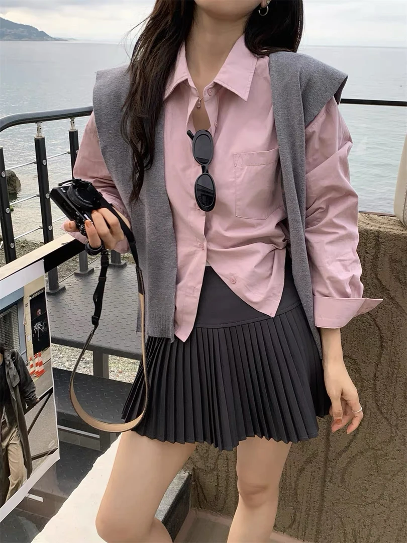 【25909】伊#休闲百搭翻领衬衫上衣+披肩