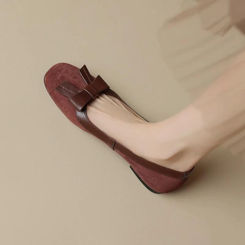 复古棕色蝴蝶结通勤豆豆鞋女平底2025夏新款流行磨砂舒适气质单鞋