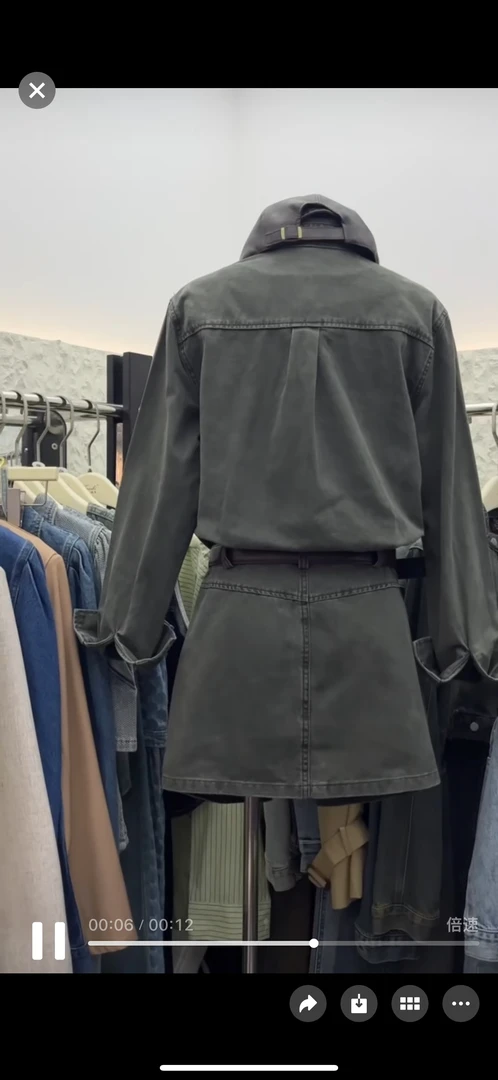 水洗做旧军绿色长袖牛仔连衣裙多巴胺风格连体裙休闲