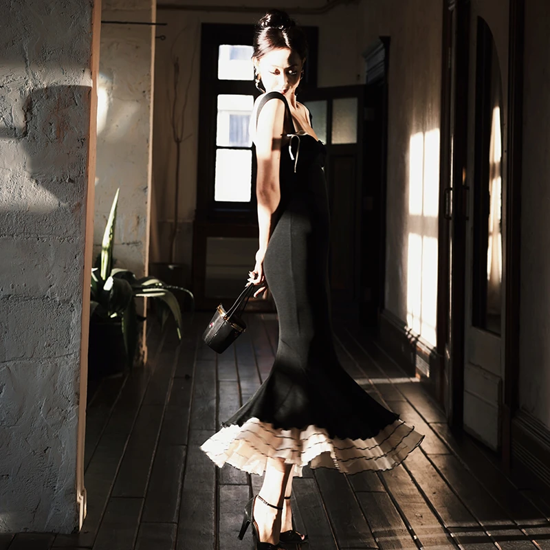 小63丽黑夜颂歌醋酸针织吊带包臀连衣长裙春夏装高级显瘦鱼尾裙