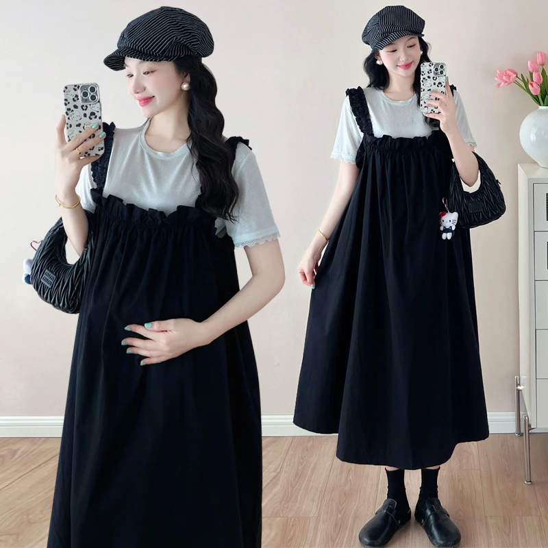 时髦夏季孕妇装新款短袖上衣套装时尚洋气背带连衣裙两件套辣妈潮