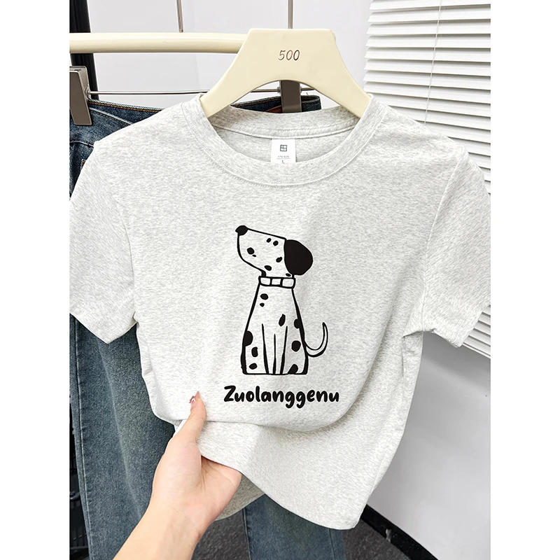 白灰色圆领正肩t恤女短袖夏季小众设计感印花休闲百搭打底衫上衣