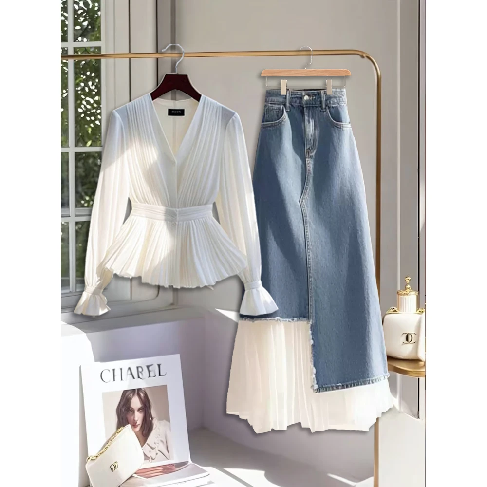 2025早春洋气夏季V领轻熟长袖上衣秋季拼接时尚遮胯半身裙子套装