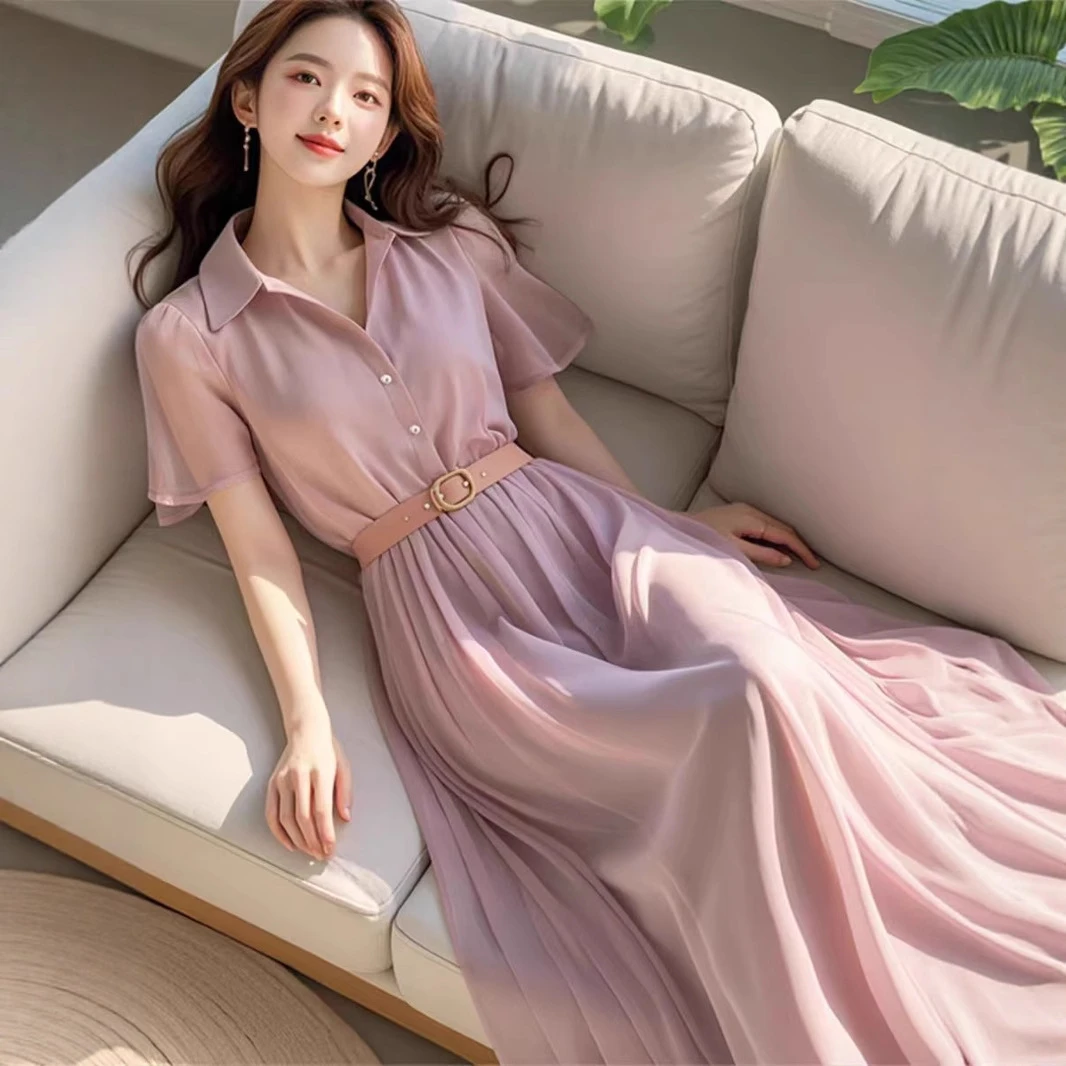 气质夏季新款爆款今年流行的简单大方感紫色雪纺连衣裙子法式长裙