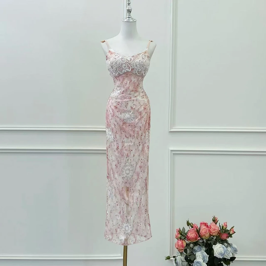 BECHARMING「烟纱雅梦」气质时尚印花拼接修身显瘦连衣裙Q0911