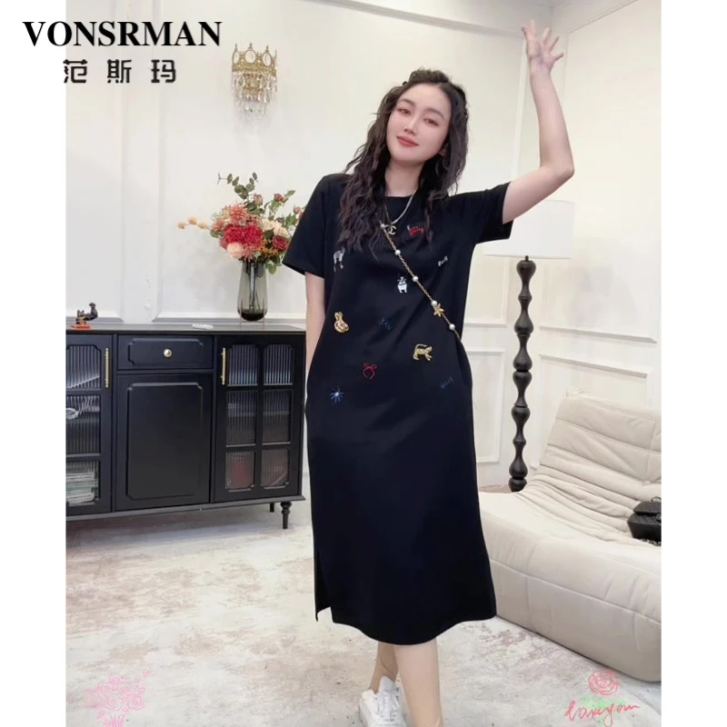 黑色t恤连衣裙大码高级感刺绣女夏季新款胖mm休闲遮胯显瘦长裙子