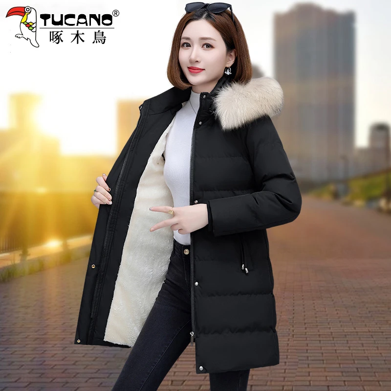 啄木鸟棉服女冬季2025新款妈妈加绒棉衣棉袄女士派克服中长款