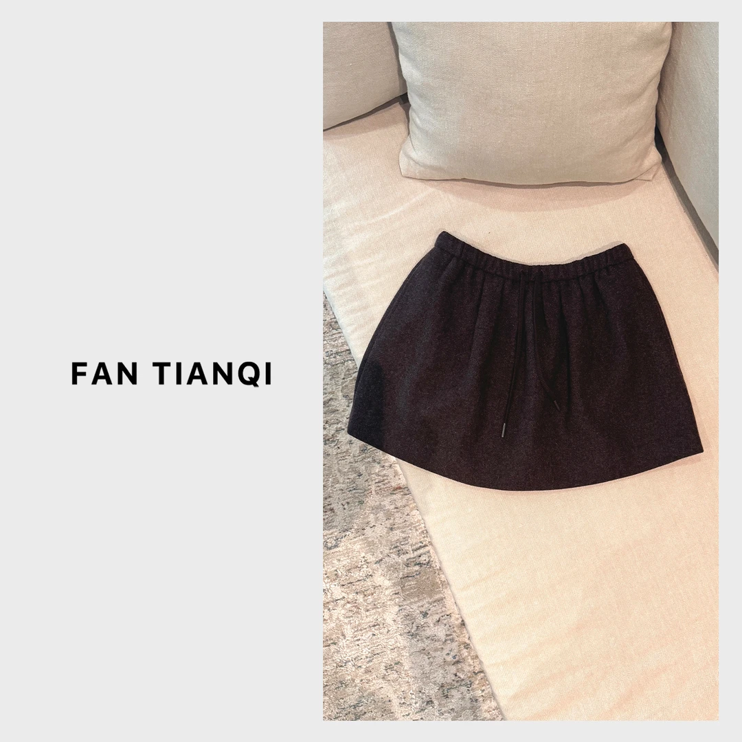 范天奇/FAN TIANQI【缪系短裙】澳毛混纺松紧抽绳花苞短裙FJST57121