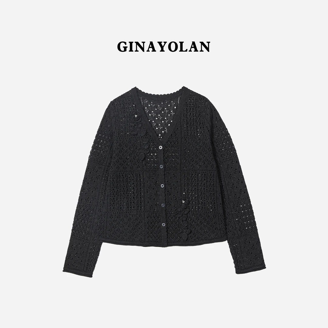 GINAYOLAN/瑾颜【重工钩花】奢华面料针织气质镂空钉钻开衫女