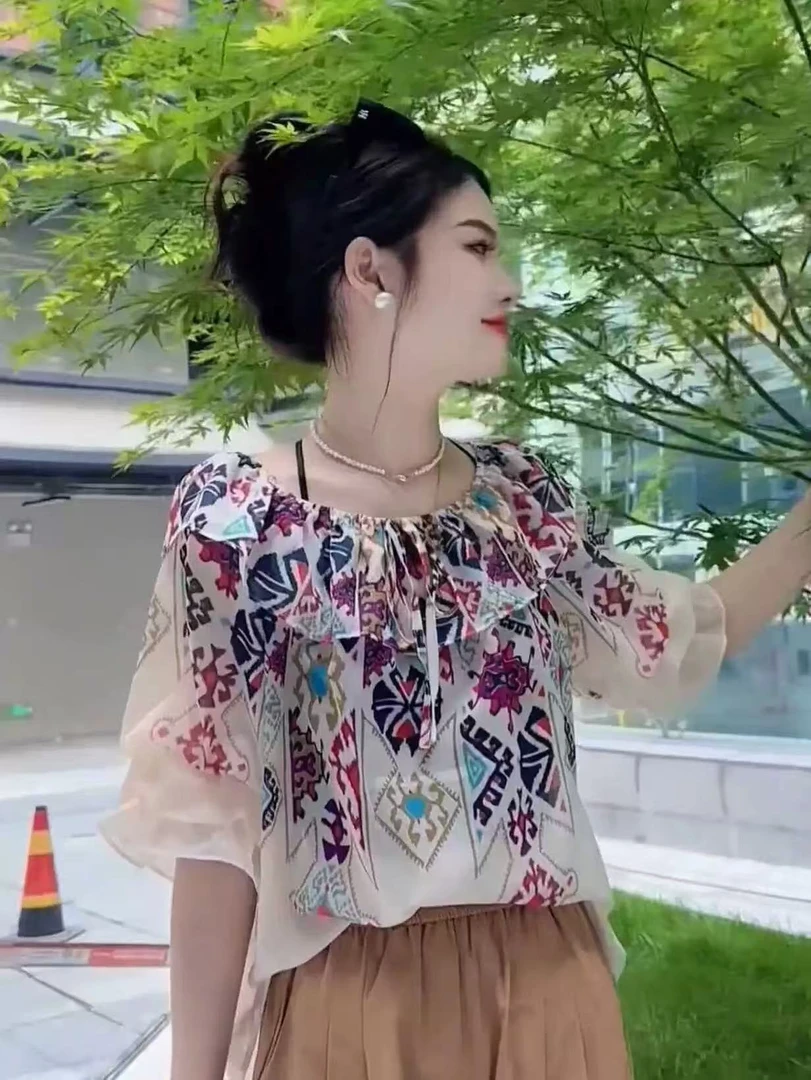 LL大码欧货2025新款重工优雅宽松荷叶边短袖t恤穿搭薄款上衣1130