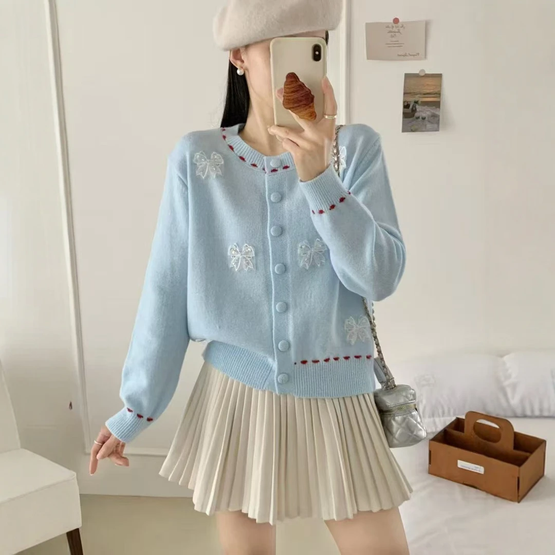 韩版蝴蝶结初高中生毛衣外套女大童宽松2025春秋季新款日系针织衫