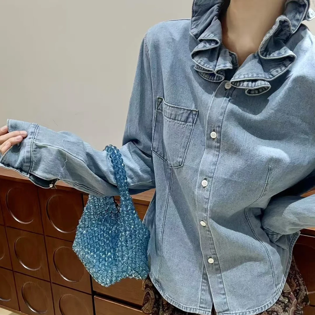 现货设计师品牌25早秋木耳边立领褶皱领牛仔上衣女长袖上衣