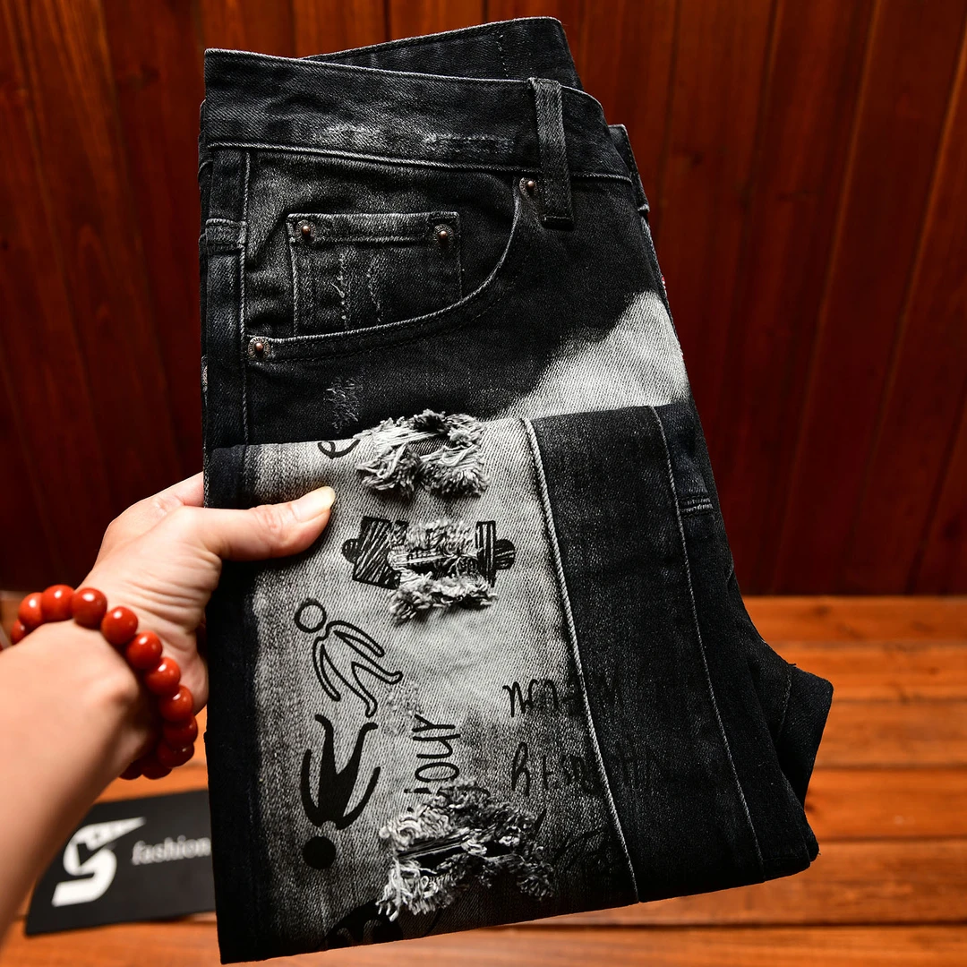 PAVENATNO/巴韦那奇欧货牛仔裤男破洞补丁刮烂印花修身小脚潮长裤