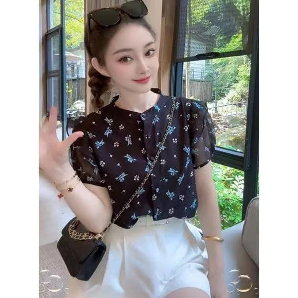 韩版气质减龄碎花短袖衬衫女装2025夏季新款休闲显瘦独特漂亮上衣