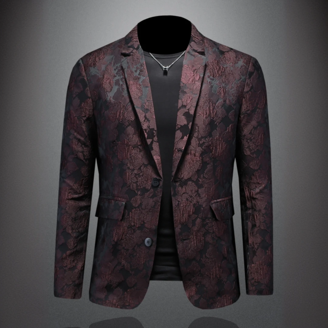希敦纽勒提花西装男春季翻领压花修身个性舒适时尚上衣西服外套