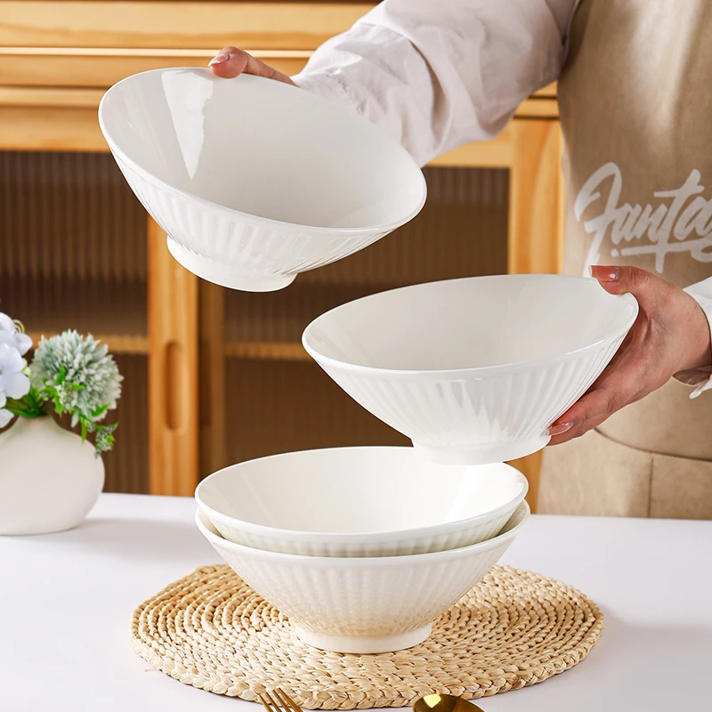 8英寸4只简约纯白竖纹大号陶瓷斗碗拌面家用大汤碗餐具