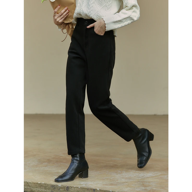 3136柒量一裁小个子黑色斜纹毛呢长裤加厚保暖直筒休闲裤显瘦裤子