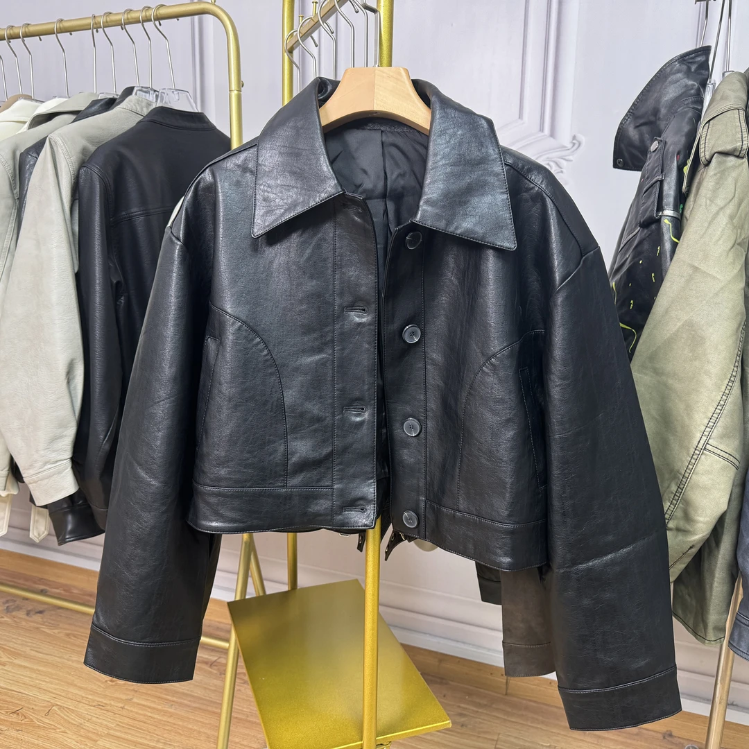 短款皮衣女春季2025新款POLO领时尚黑色气质小个子外套女PU皮