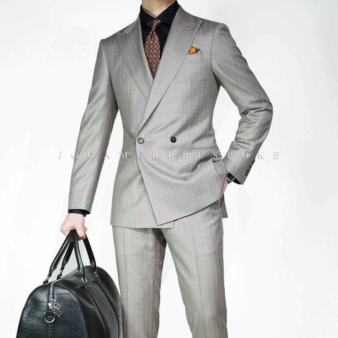 高定纯羊毛 | 沙砾色 | 条纹双排扣西服套装 意式休闲时尚西装