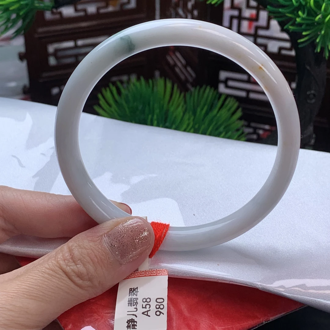 天然缅甸翡翠A货手镯58圈口牛奶飘花叮当圆条