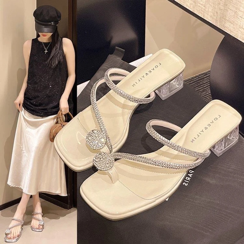 透明粗跟法式凉拖鞋外穿仙女鞋2025年新款夏季配裙子套趾水钻凉鞋