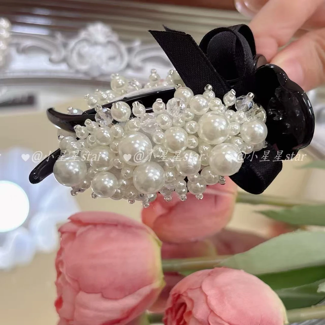 复古气质蝴蝶结满珠丸子头抓夹奢华奢侈高端精致低马尾发夹