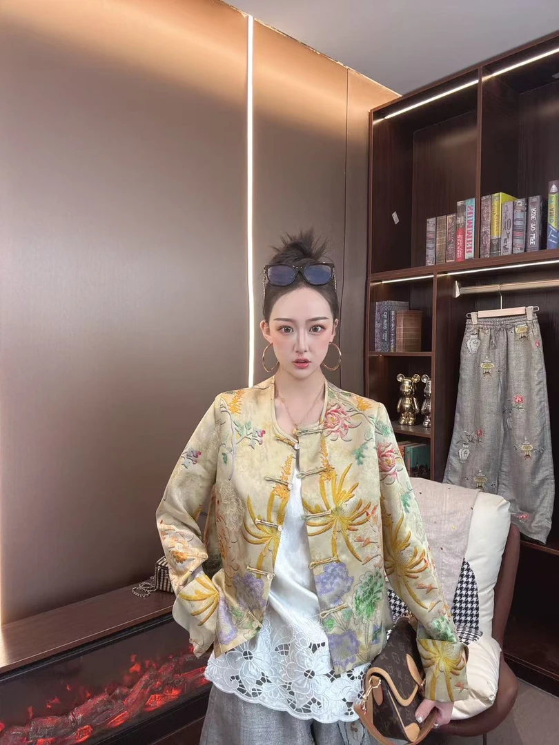 【沐木家】夏款新款彩花彩绘 香云纱 斜襟高端气质女士长袖06609