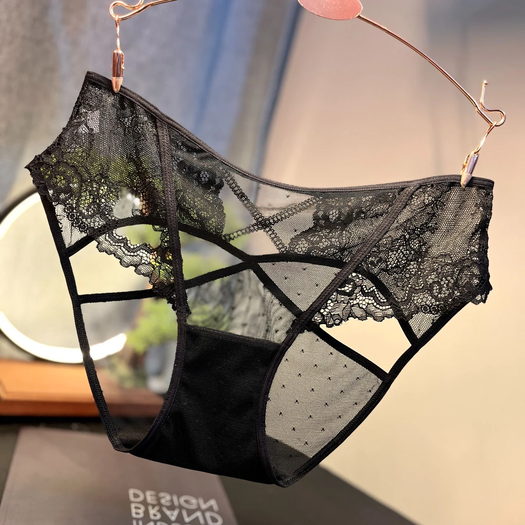 黑色法式轻奢中腰性感蕾丝纯欲时尚舒适透气镂空透明网女士三角裤