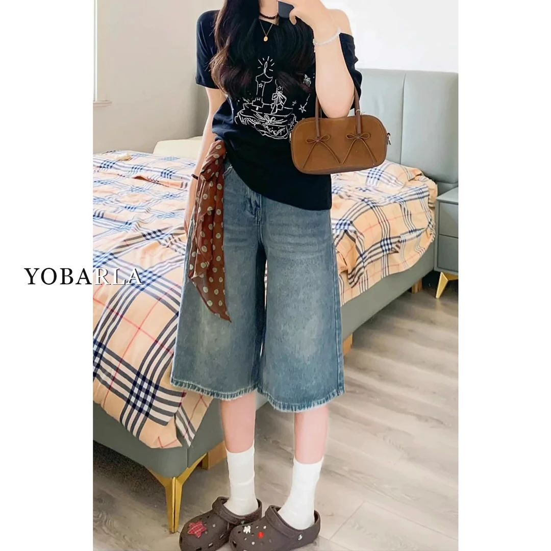 复古阔腿七分牛仔裤女秋冬高腰大码胖mm宽松显瘦梨型身材直筒裤子