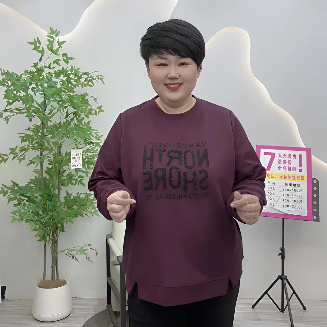 大码妈妈装1816爆新款早秋长袖休闲时尚百搭宽松显瘦加肥圆领卫衣