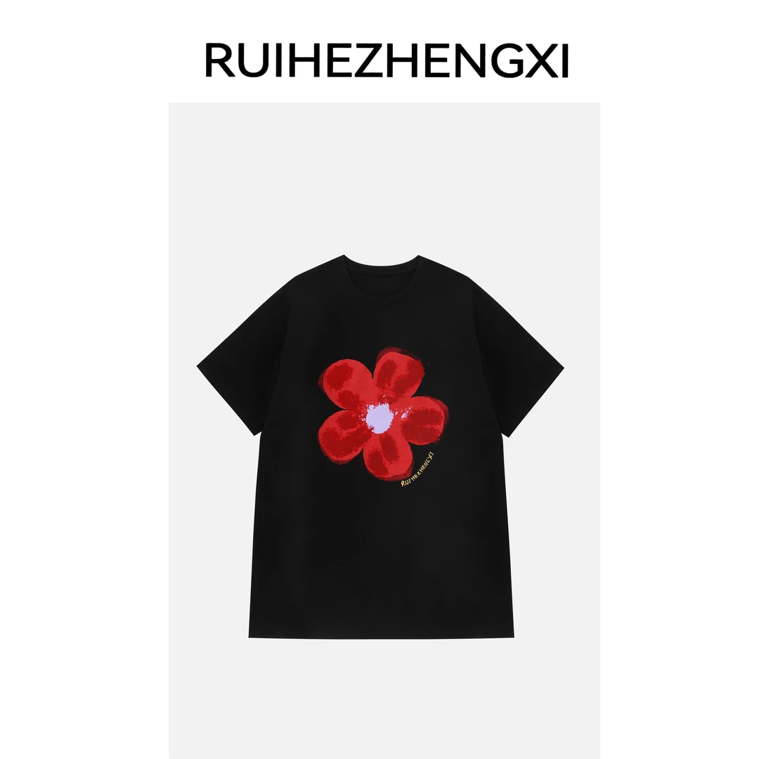 (NO退换）｜瑞和正熙935039“艺术之美”手绘花朵圆领宽松短袖T恤