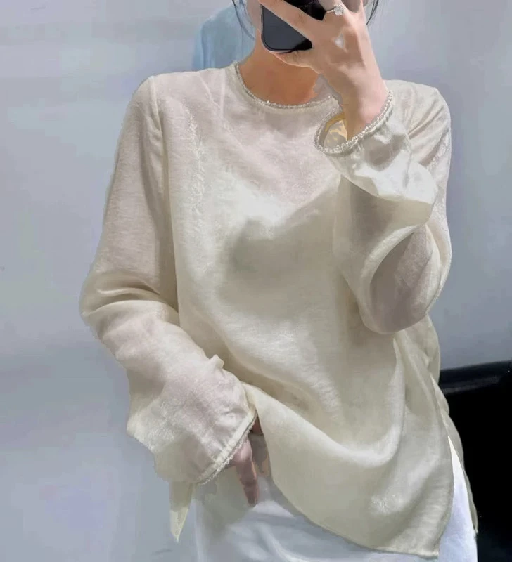 2025新中式钉珠打底衫防晒透气宽松版叠穿神器百搭珠光长袖打底衫