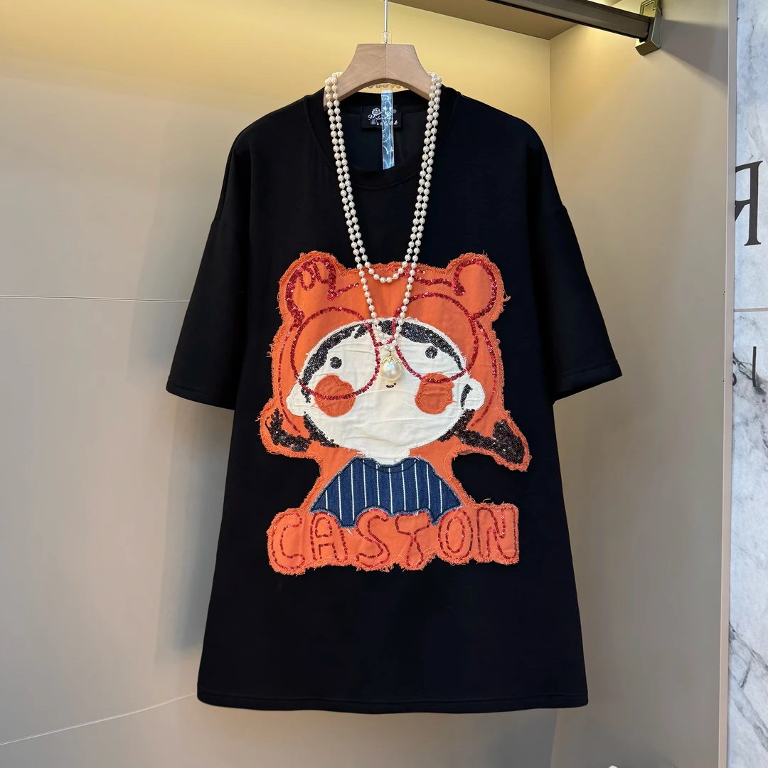 新款胖MM圆领2025舒适夏季款卡通图案大头娃娃显瘦宽松T恤85113