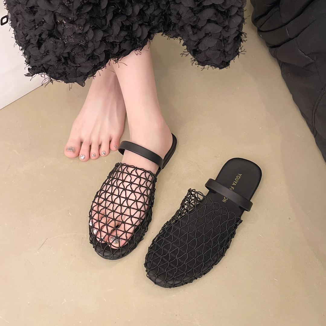 外穿镂空包头拖女夏季网状半拖鞋2025新款网面透气一脚蹬平底凉拖