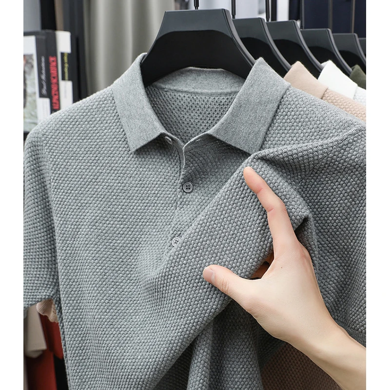 100棉菠萝针织肌理感POLO领t桖翻领夏季透气T桖男女同款短袖xx
