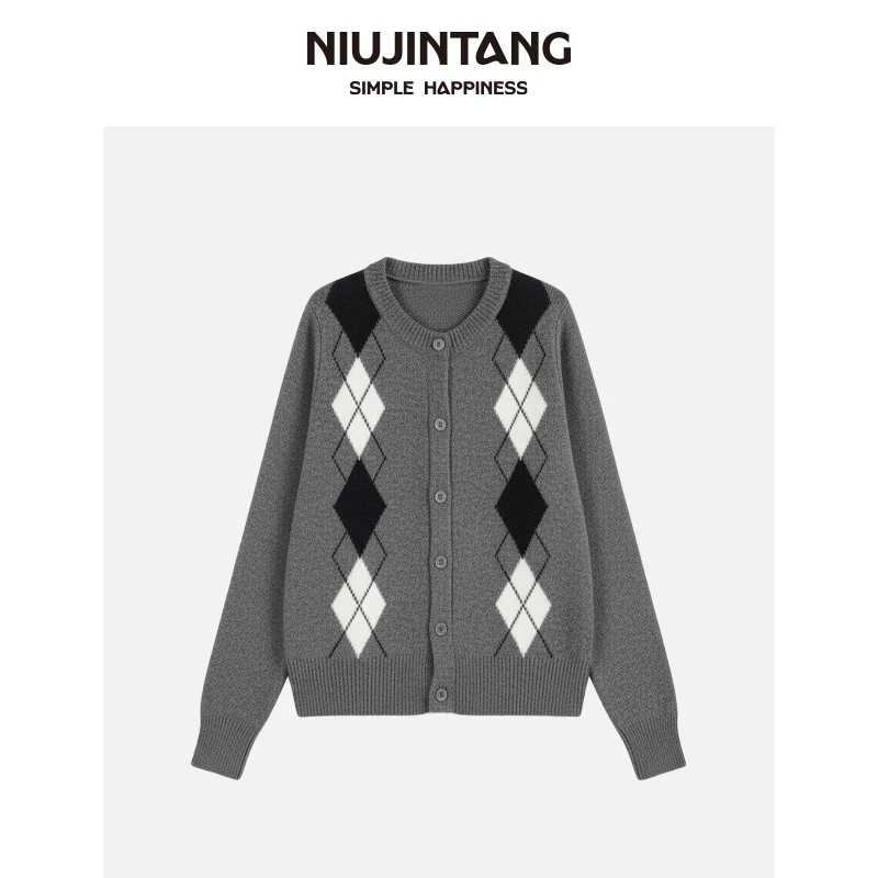 【NJT】2025年秋冬季时尚休闲显瘦复古撞色菱格软糯针织毛衣HSD2526