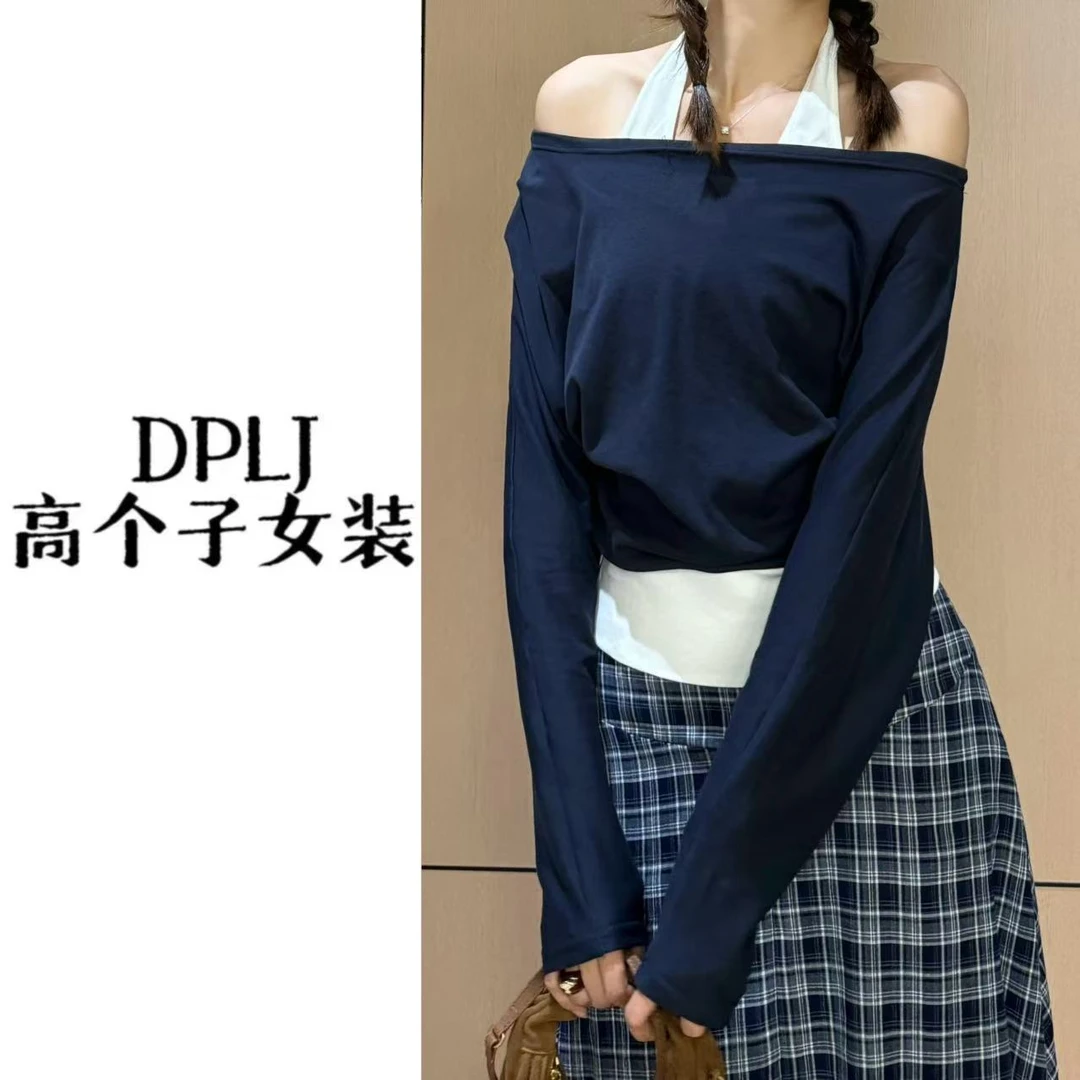 别致撞色假两件挂脖短袖T恤女夏季2025辣妹显瘦露肩上衣AM25966