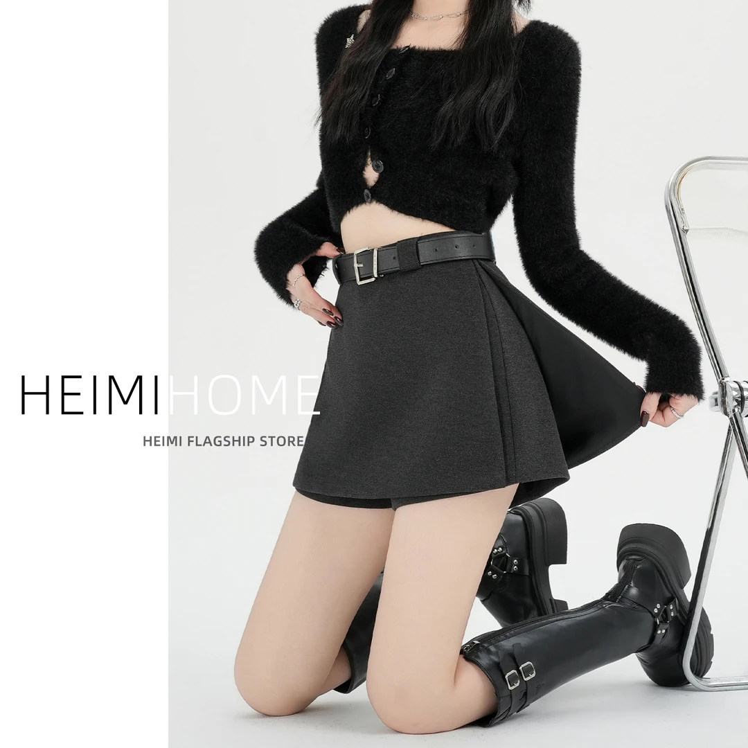 灰色毛呢半身裙女秋冬季高腰双层a字包臀裙设计感侧开叉短裙裤