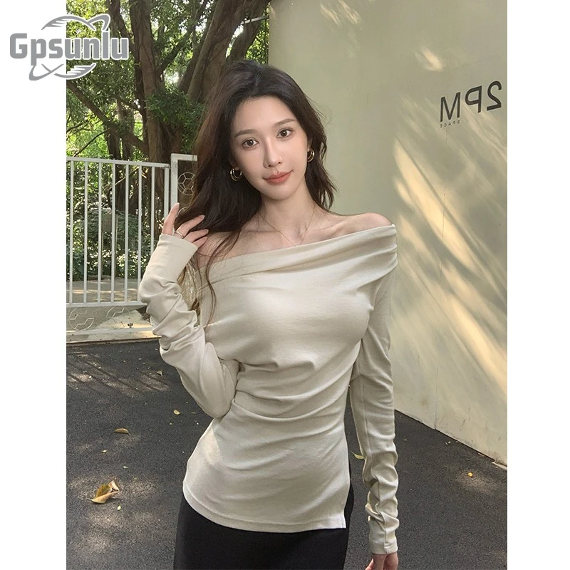 gpsunlu一字肩长袖恤女下摆开叉不女士一字肩修身不规则下摆