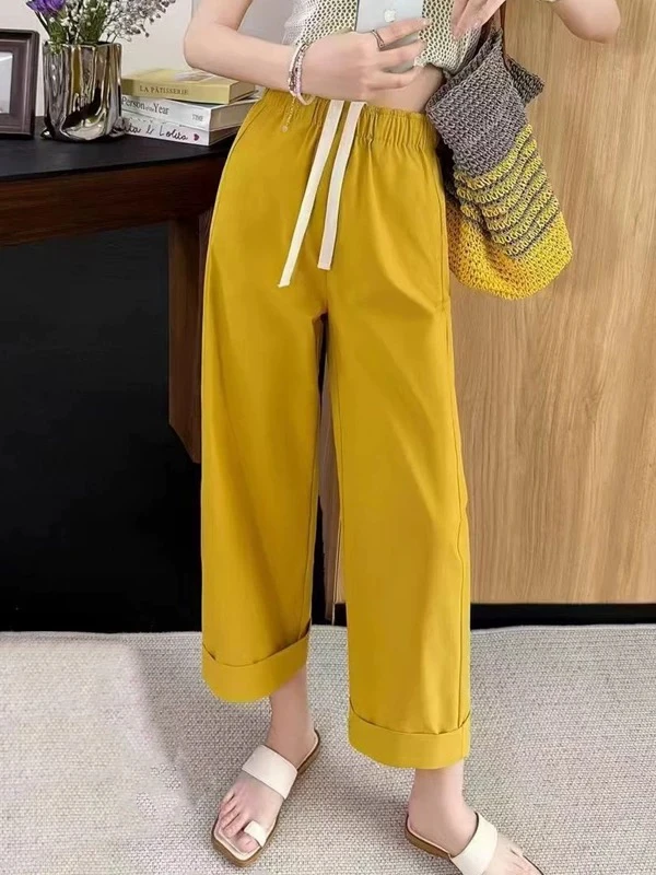 【刺绣缤纷萝卜裤】夏季薄款九分微弹力松紧腰抽绳口袋修身显瘦欧韩