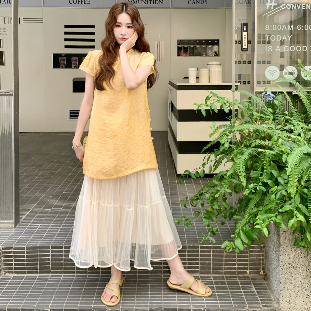 新中式国风套装女夏季大方得体穿搭黄色旗袍上衣网纱半身裙两件套